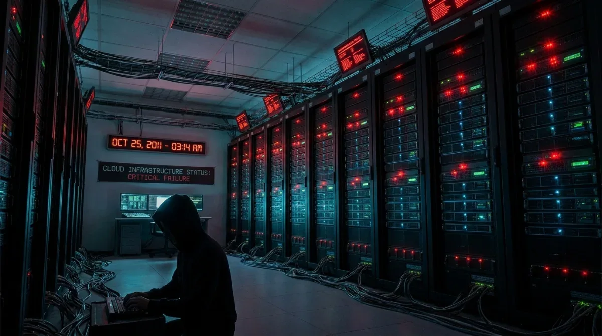 Servidores em um data center com luzes de alerta vermelhas acesas durante falha de infraestrutura.