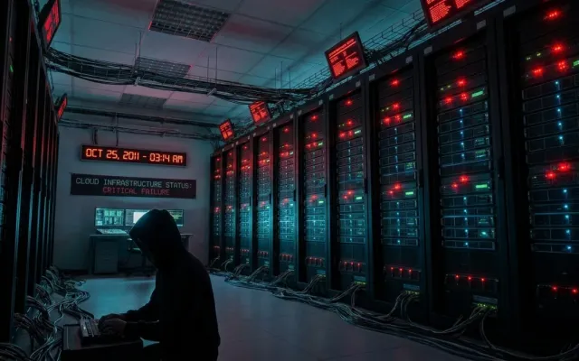 Servidores em um data center com luzes de alerta vermelhas acesas durante falha de infraestrutura.