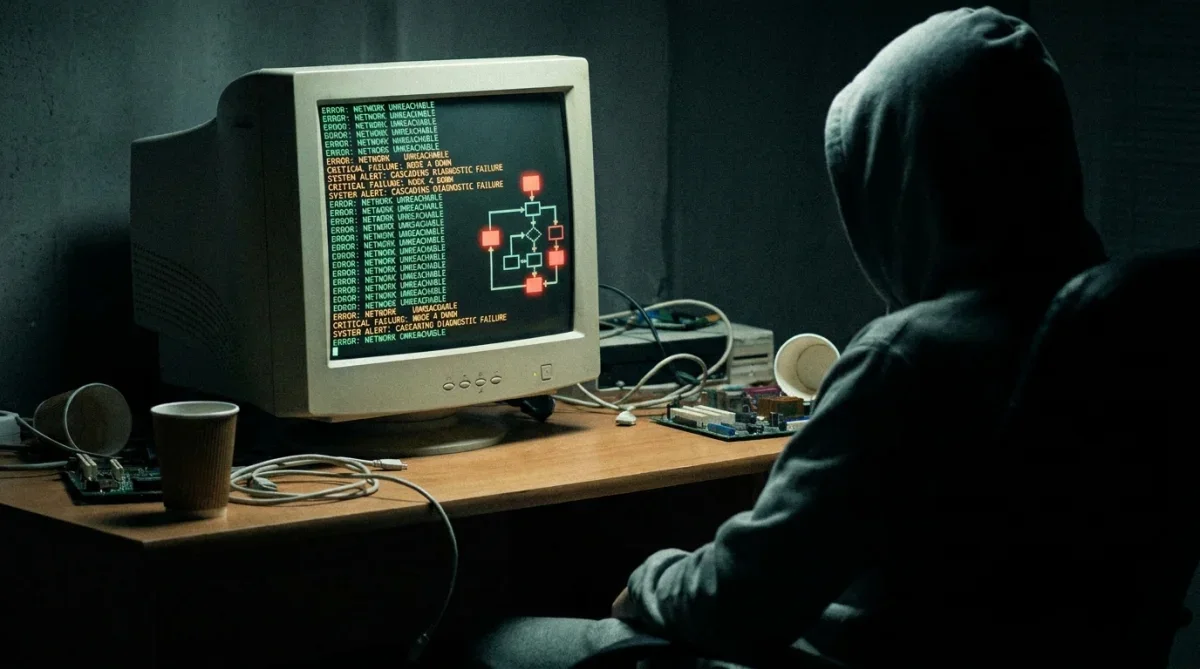 Monitor de computador exibindo códigos de erro de rede e relatórios de indisponibilidade de servidor.