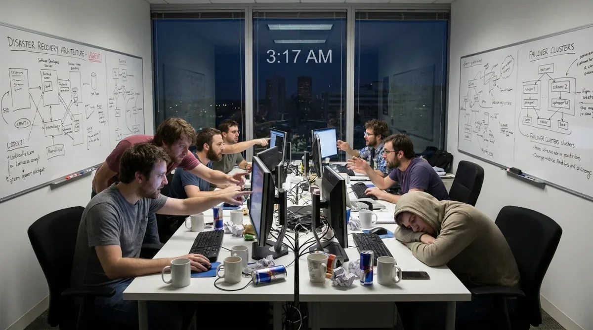 Equipe de desenvolvedores analisando esquemas de recuperação de desastres em um escritório de tecnologia.