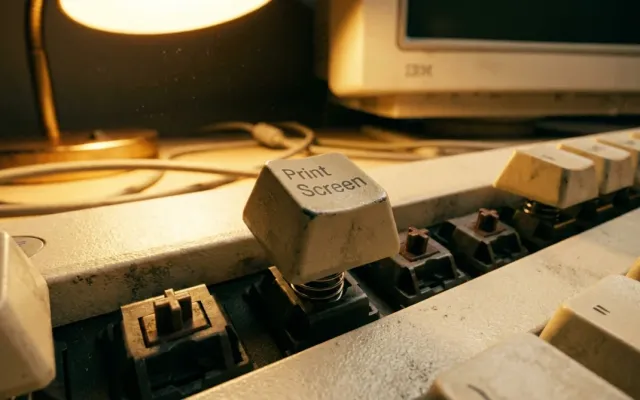 Teclado mecânico clássico vintage com foco na tecla Print Screen