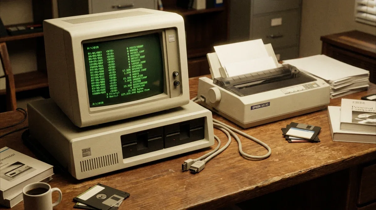 Computador IBM PC 5150 clássico com monitor de fósforo verde e impressora matricial