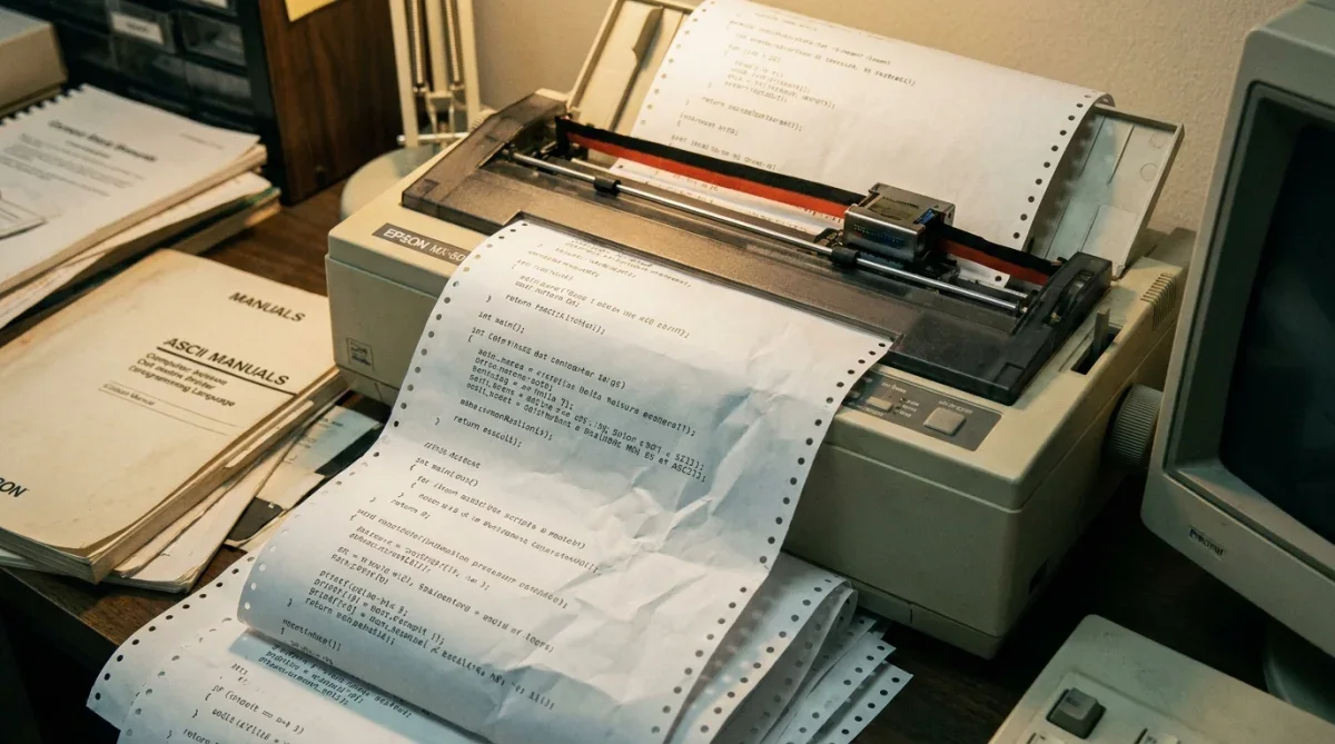 Papel formulário contínuo sendo impresso por uma impressora matricial antiga