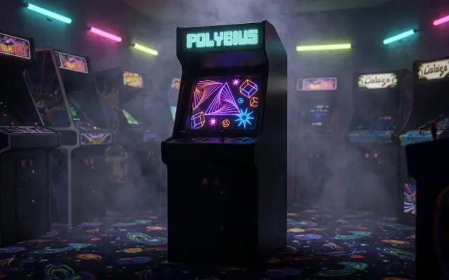 Gabinete preto do misterioso jogo arcade Polybius brilhando no escuro em um fliperama dos anos 1980.