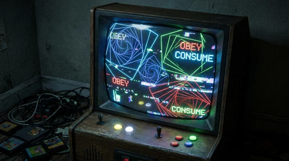 Tela de tubo CRT exibindo gráficos vetoriais hipnóticos e psicodélicos atribuídos ao jogo Polybius.