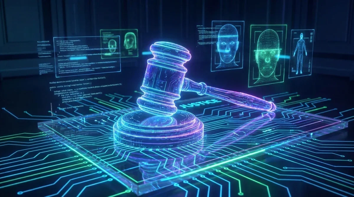 Martelo da justiça sobre placa de circuito eletrônico simbolizando a inteligência artificial no sistema judiciário.