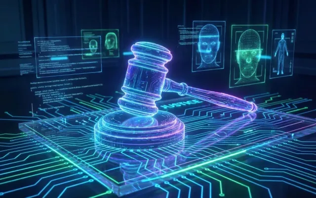 Martelo da justiça sobre placa de circuito eletrônico simbolizando a inteligência artificial no sistema judiciário.