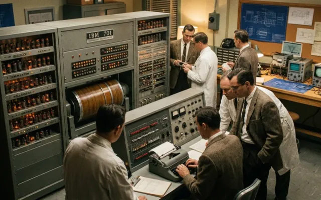 Protótipo do computador IBM 610 em laboratório da década de 1950