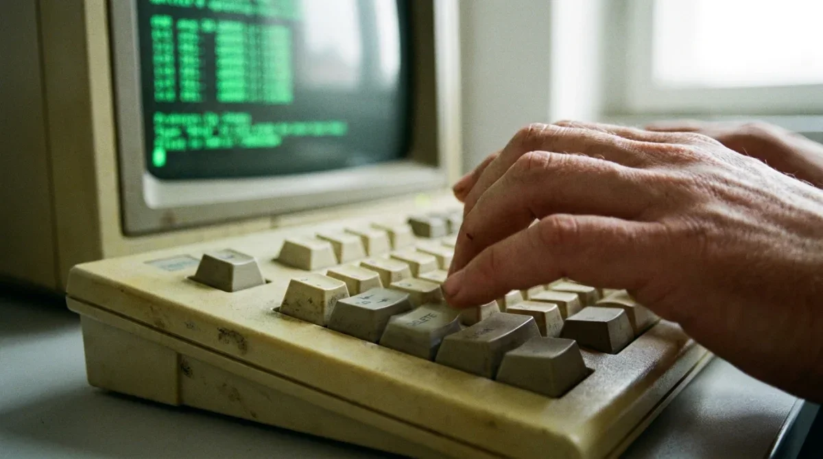 Mãos pressionando a tecla delete em teclado mecânico antigo de computador
