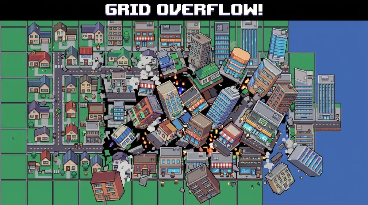 Representação gráfica em pixel art de grade quadriculada de simulação de cidade