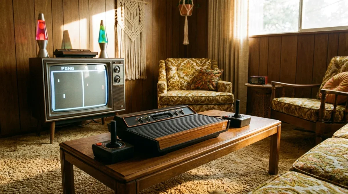 Console clássico Atari 2600 com acabamento frontal em madeira falsa sobre uma mesa de centro dos anos 70.