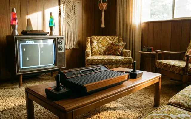 Console clássico Atari 2600 com acabamento frontal em madeira falsa sobre uma mesa de centro dos anos 70.