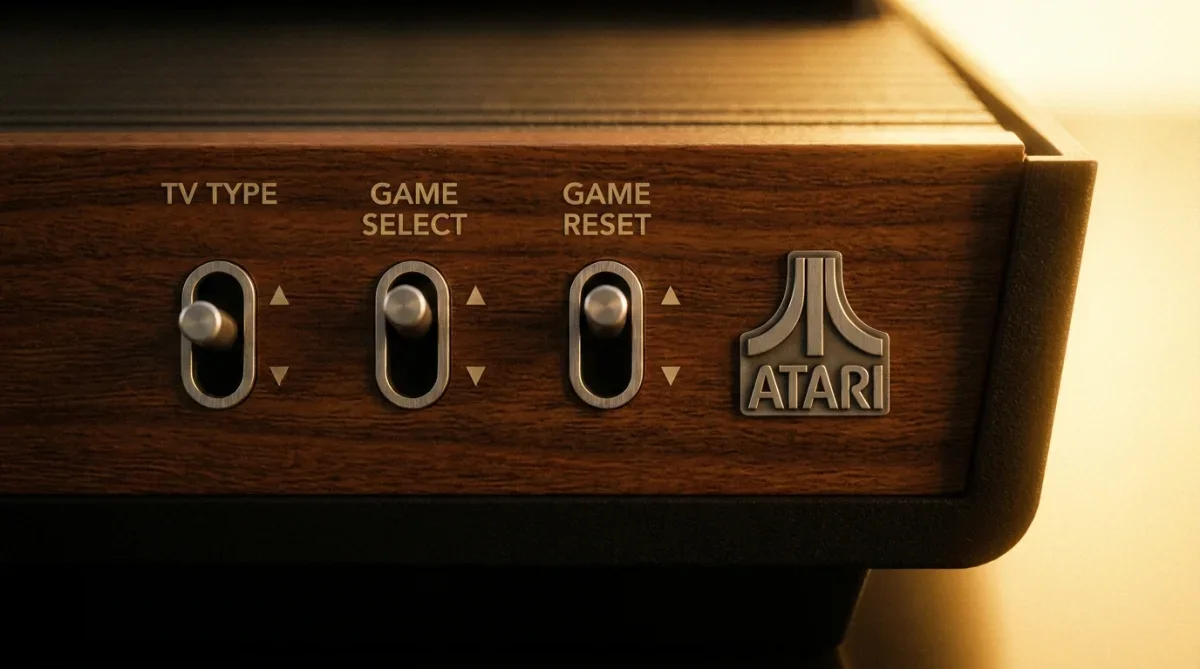 Detalhe em primeiro plano da textura de madeira falsa e chaves metálicas do painel frontal do Atari 2600.