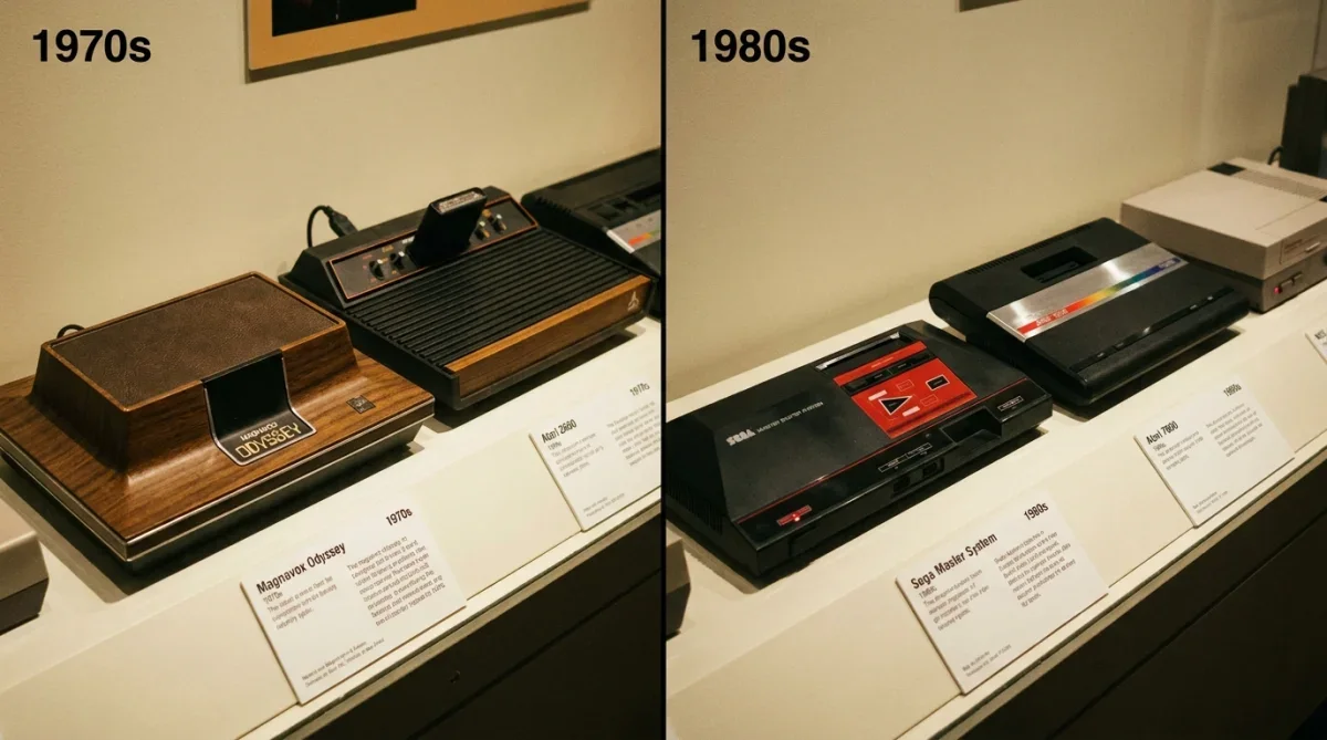 Evolução do design de consoles antigos mostrando a mudança do acabamento amadeirado para o plástico preto fosco.