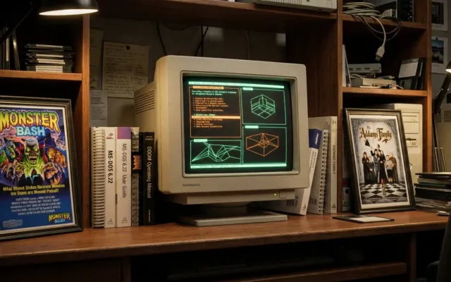 Monitor CRT antigo exibindo código de programação de jogos dos anos 1990 com estética retrô.