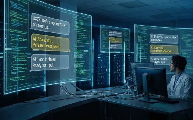 Servidores de inteligência artificial com linhas de código luminosas em laboratório de pesquisa