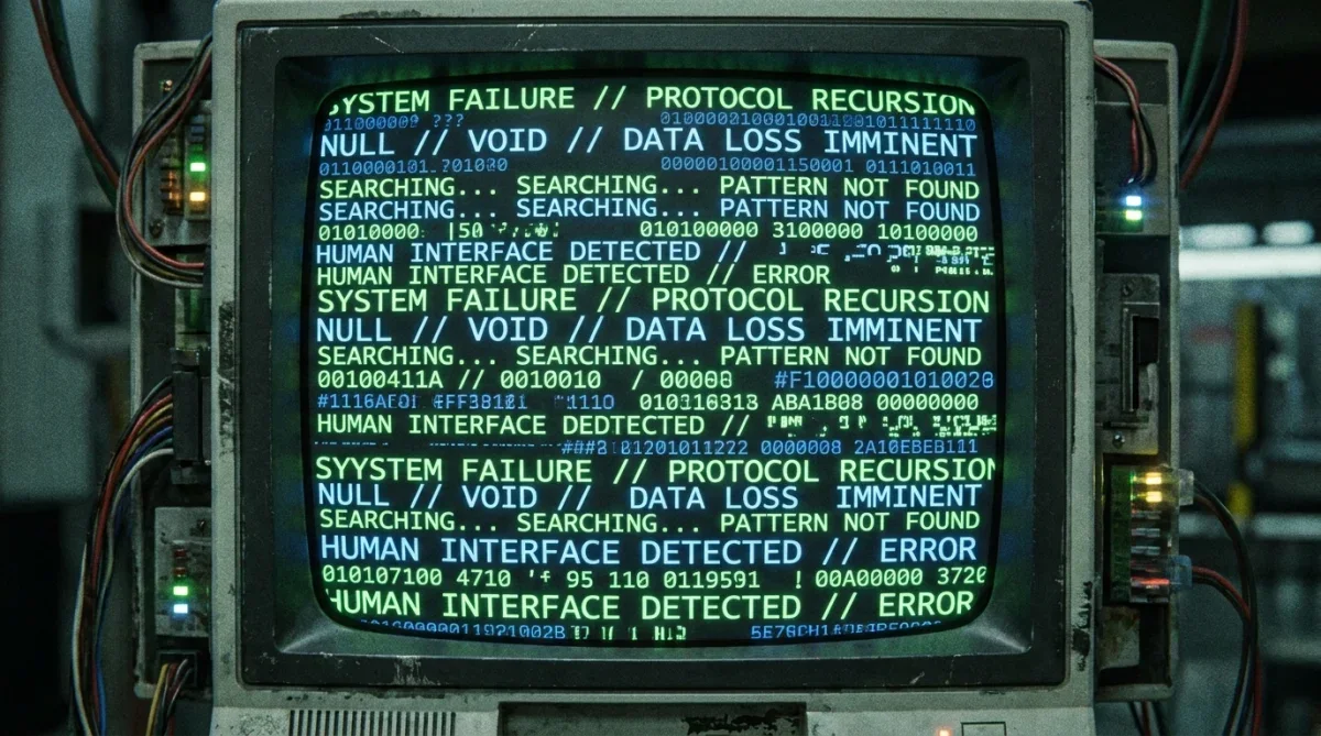 Tela de terminal exibindo repetições de palavras e linguagem gerada por inteligência artificial