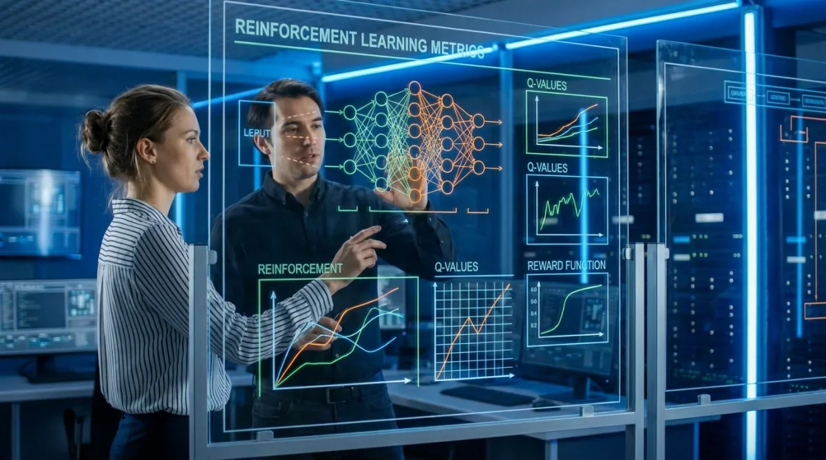 Cientistas de dados analisando diagramas e métricas de inteligência artificial