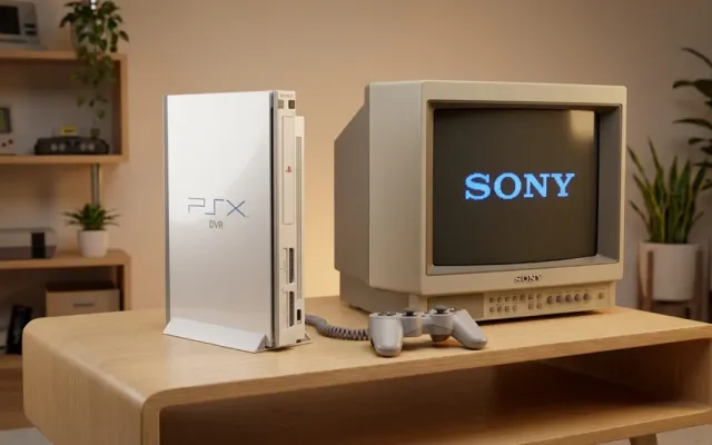 Console PSX de 2003 da Sony exibido em ambiente elegante de sala de estar.