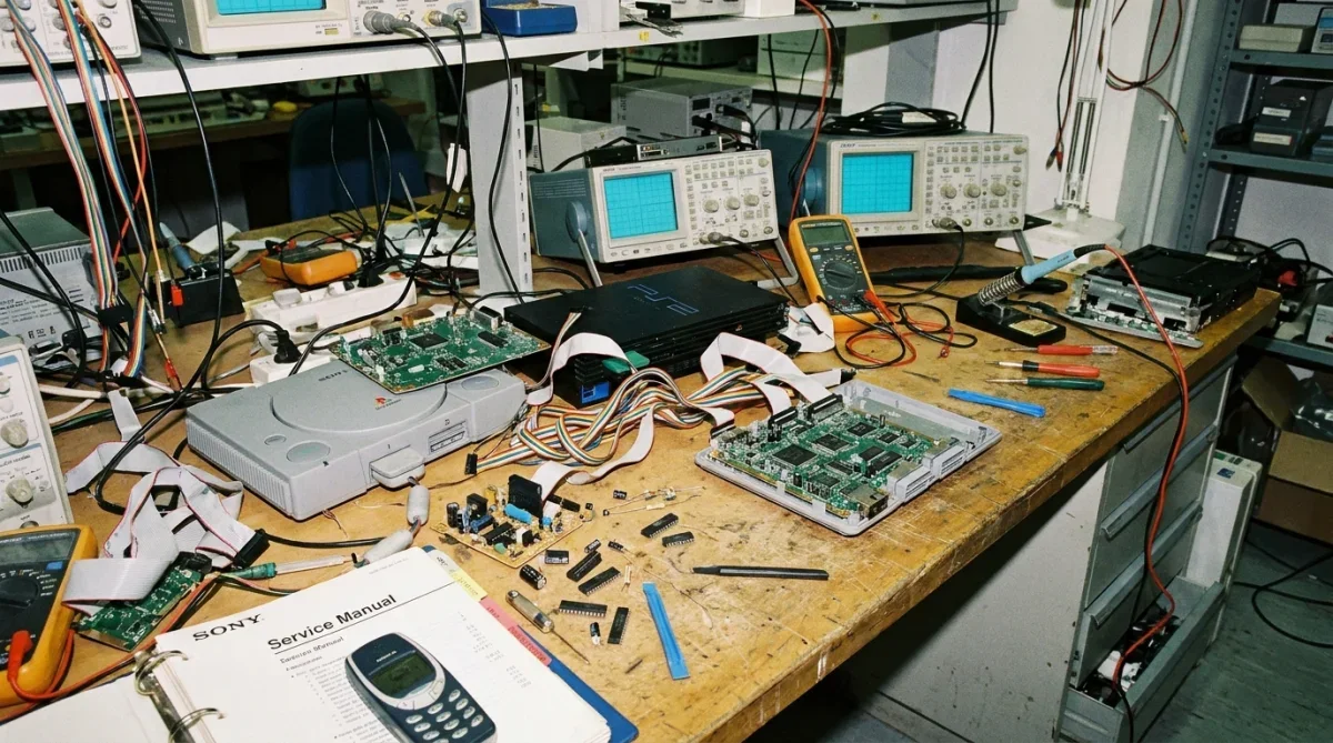 Placas de circuito e componentes internos de hardware dos anos 2000 em bancada de engenharia.