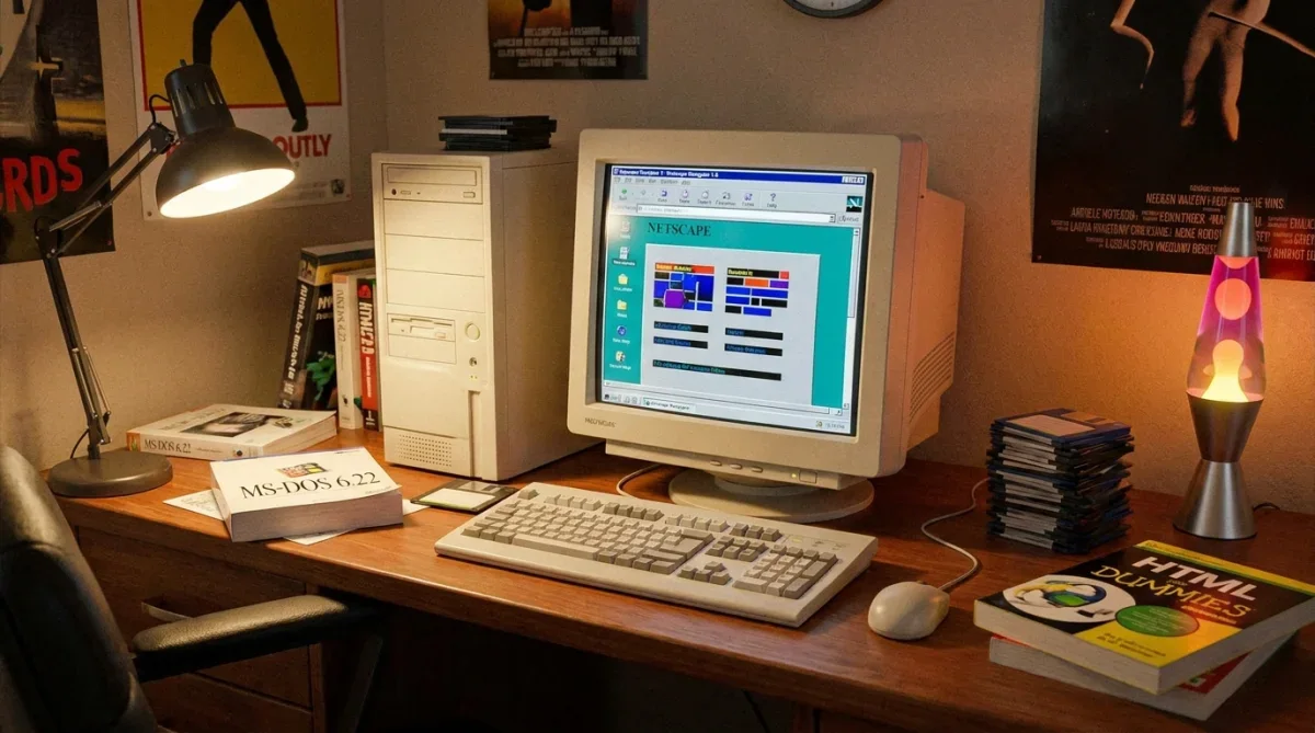 Computador antigo dos anos 90 com monitor CRT exibindo tela do navegador Netscape Navigator inicial.