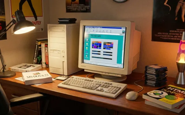 Computador antigo dos anos 90 com monitor CRT exibindo tela do navegador Netscape Navigator inicial.