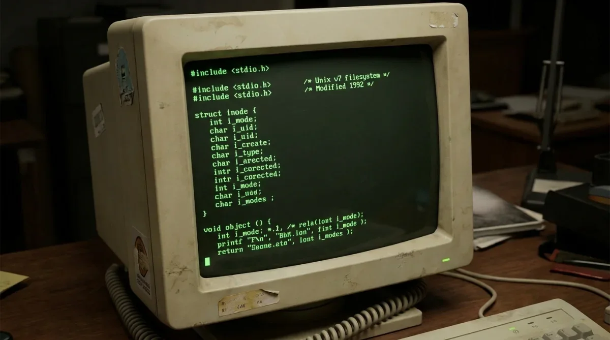 Linhas de código de programação C antigas em terminal escuro dos anos 90.