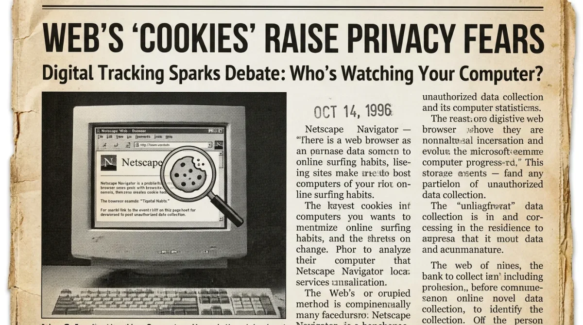 Manchetes de jornais antigos dos anos 90 discutindo privacidade e rastreamento na web.