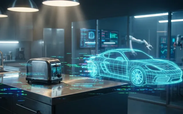 Ilustração conceitual de uma torradeira metálica sofrendo distorção digital para se parecer com um automóvel sob análise de IA.