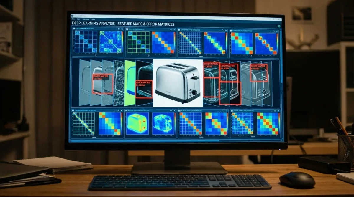 Tela de computador exibindo camadas de rede neural profunda analisando uma imagem com matrizes de erro.