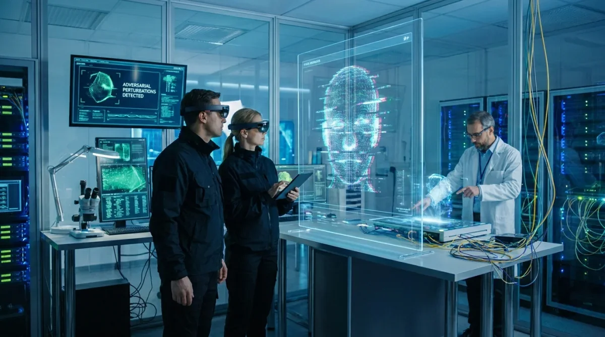 Pesquisadores de segurança em inteligência artificial avaliando perturbações adversariais em telas digitais.