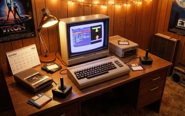 Computador clássico Commodore 64 ligado em uma mesa com monitor de tubo exibindo linhas de código dos anos oitenta.