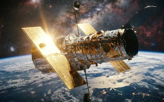 Telescópio espacial Hubble em órbita ao redor da Terra iluminado pela luz solar.
