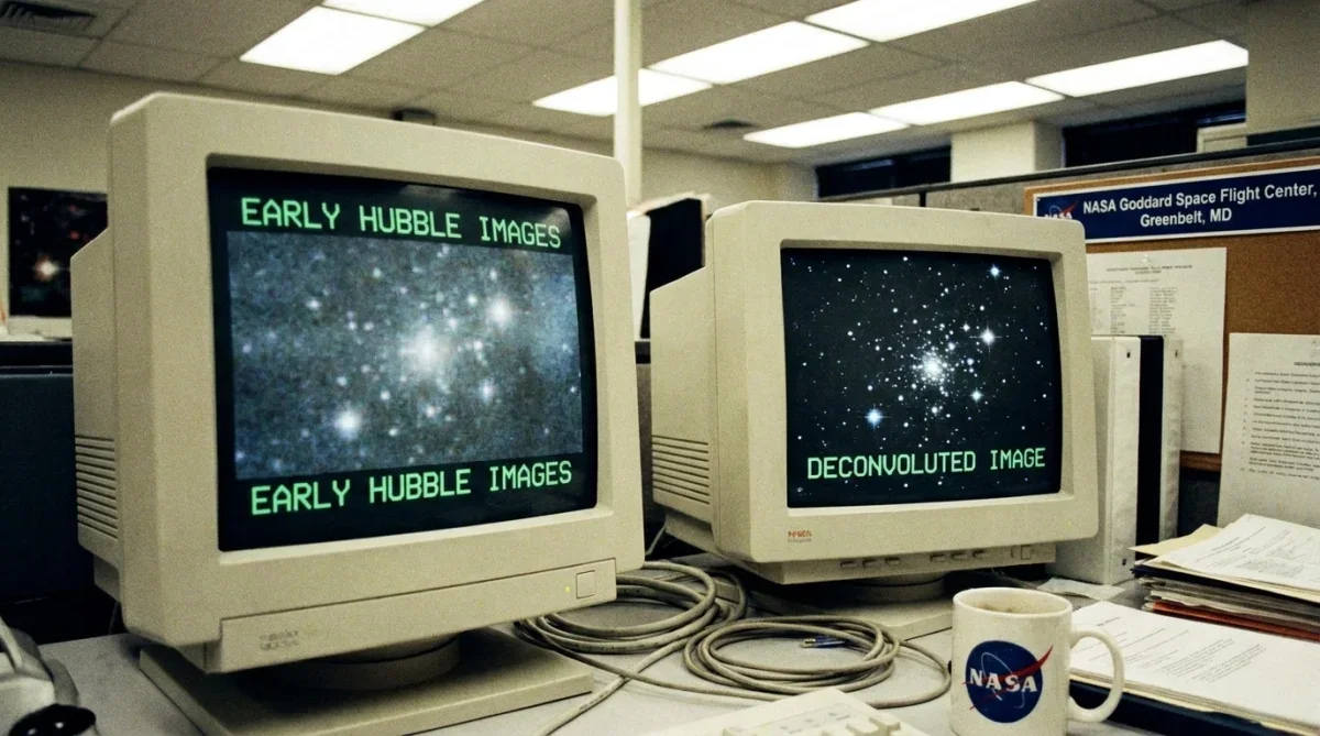 Monitores antigos de computadores exibindo comparação de imagens astronômicas borradas e tratadas por software.