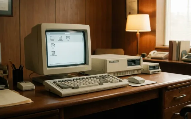 Estação de trabalho do computador Xerox Star 8010 em escritório dos anos 1980