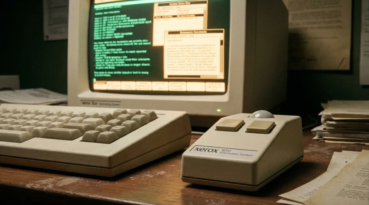Primeiro mouse comercial de dois botões ao lado do teclado mecânico vintage