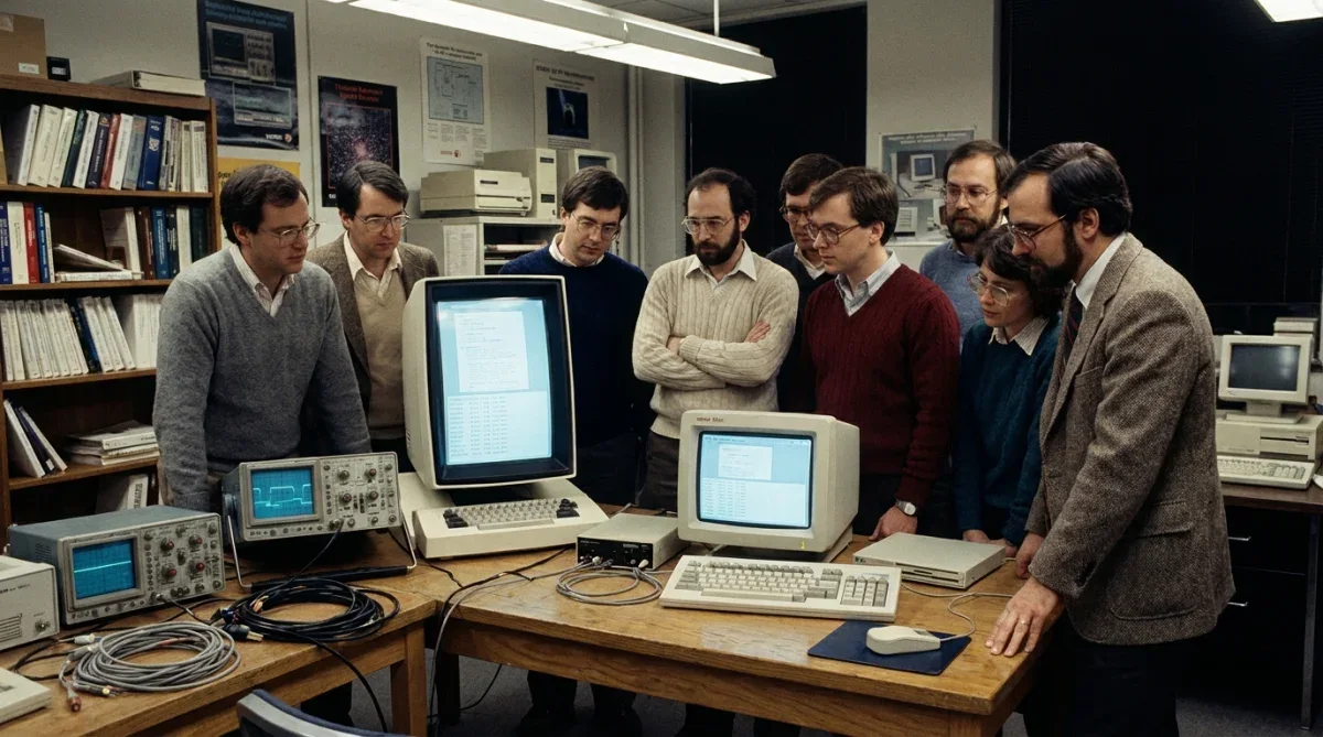 Pesquisadores analisando a interface gráfica no laboratório do Xerox PARC