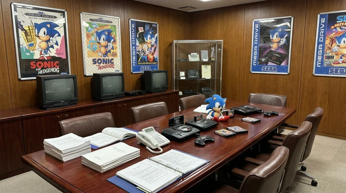 Documentos e pôsteres da Sega dos anos 90 sobre uma mesa de escritório.