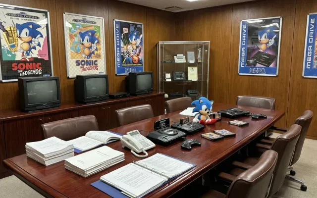 Documentos e pôsteres da Sega dos anos 90 sobre uma mesa de escritório.