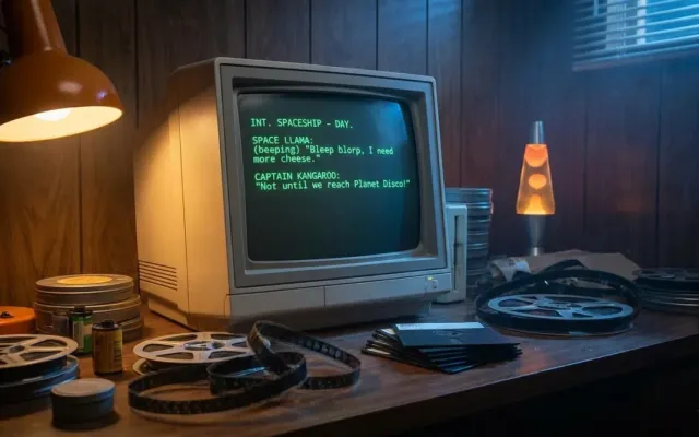 Terminal de computador antigo exibindo roteiro de ficção científica gerado por inteligência artificial em tela verde.