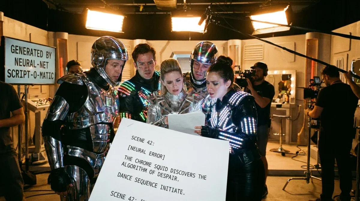 Atores em set de filmagem de ficção científica segurando páginas de roteiro surrealista gerado por computador.