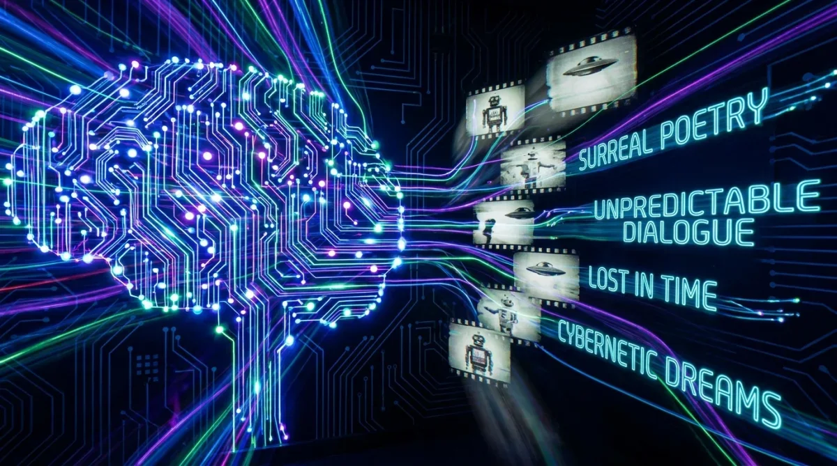 Representação digital abstrata de rede neural processando textos de cinema clássico e gerando diálogos poéticos.
