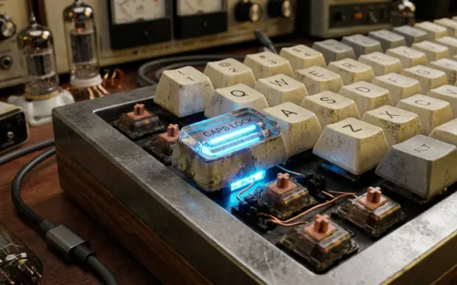 Tecla Caps Lock iluminada em destaque em um teclado mecânico moderno