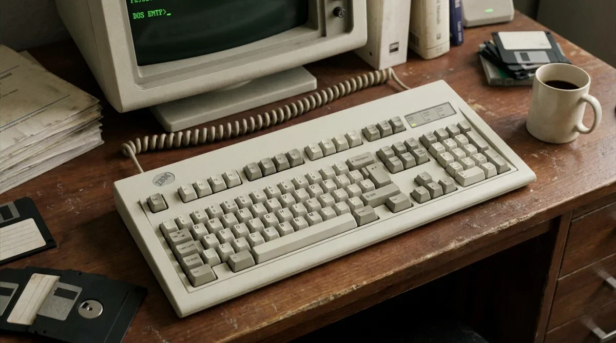 Teclado vintage IBM Model M clássico dos anos 1980 em uma mesa de trabalho