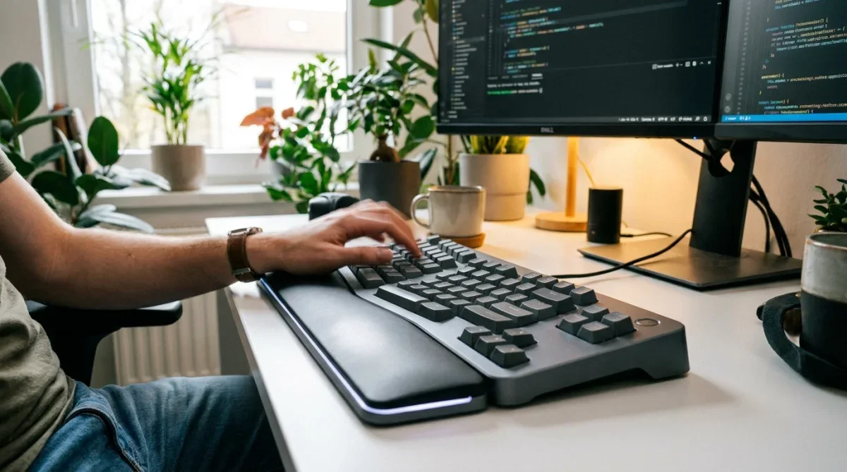 Mãos digitando em teclado moderno ergonômico em escritório de tecnologia