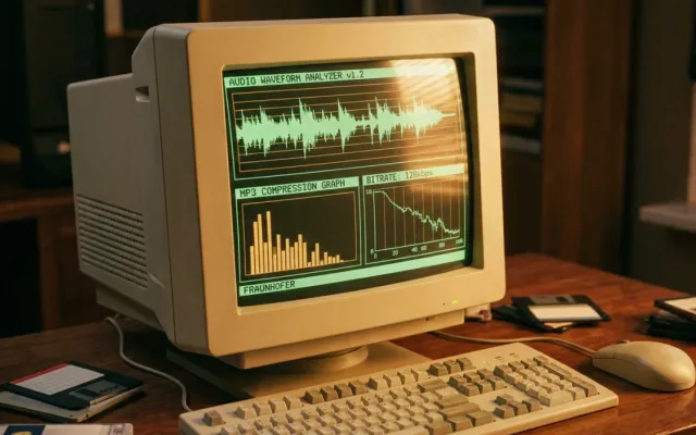 Monitor de computador dos anos 90 exibindo gráficos de compressão de áudio digital e ondas sonoras