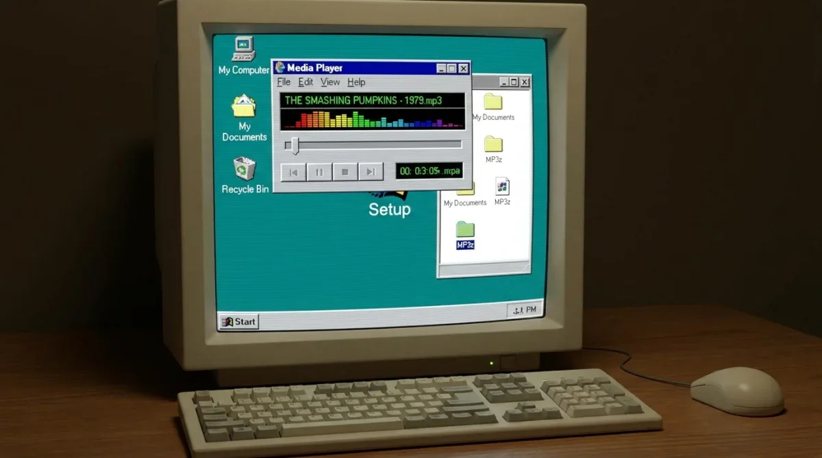 Interface de computador retrô executando reprodutor de mídia digital e arquivos de áudio