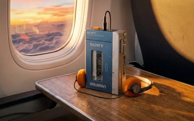 Primeiro walkman da Sony modelo TPS-L2 sobre mesa de avião ao pôr do sol