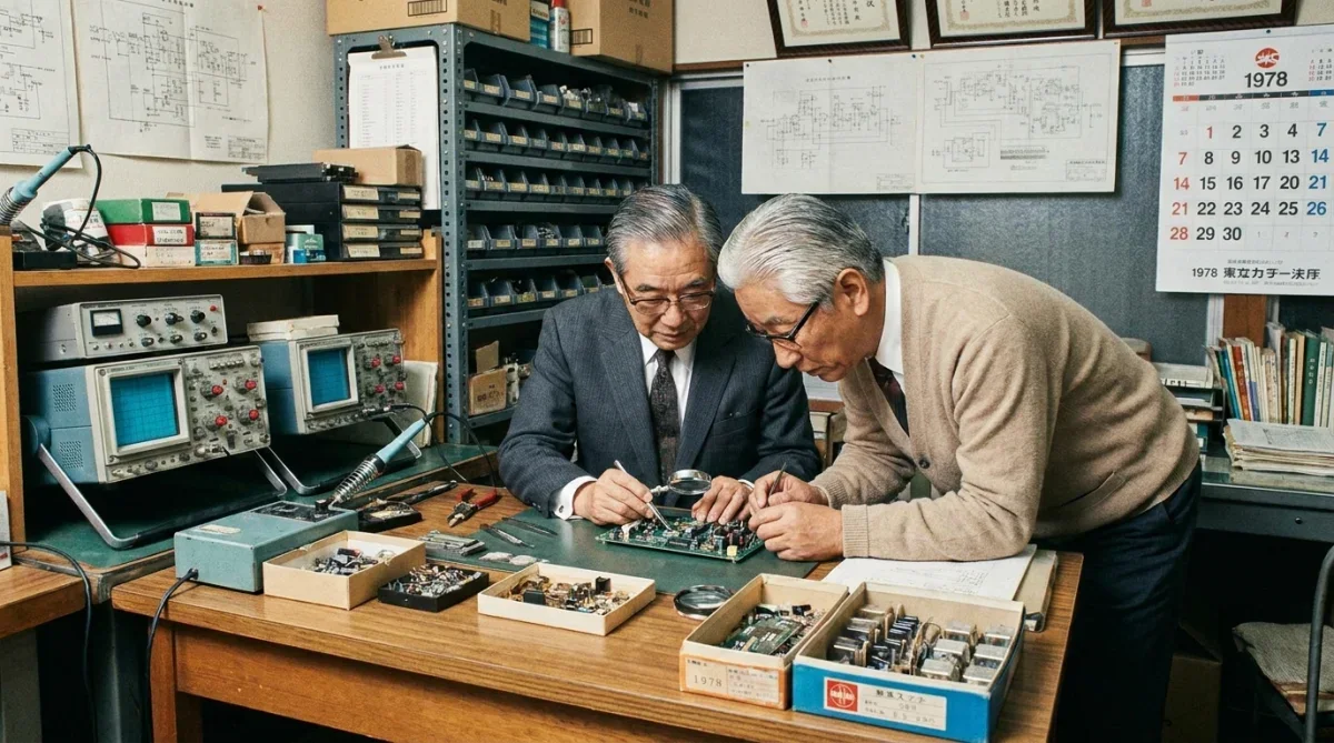 Cofundadores da Sony analisando projetos do primeiro walkman