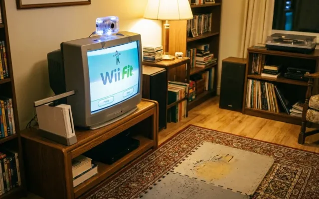 Configuração clássica de videogame em sala de estar com câmera de movimento conectada à televisão em 2009